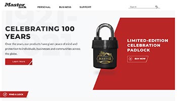 Screencap of Masterlock website showing Celebrating 100 Years promotion
